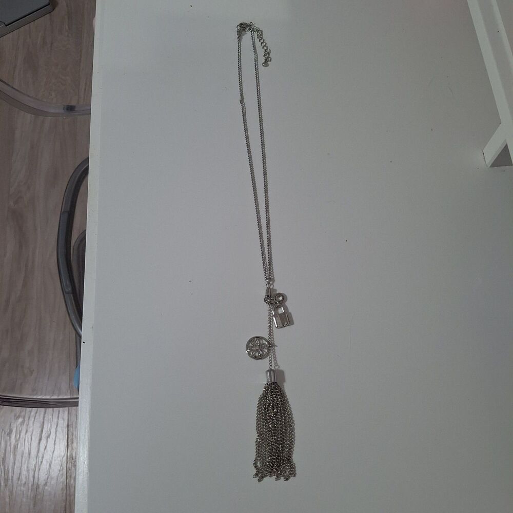 Silver Tone Lock Flower Long Rhinestone Y Drop Lariat Chain Tassel Necklace